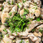 Beef Stroganoff with mushrooms and fresh parsley.